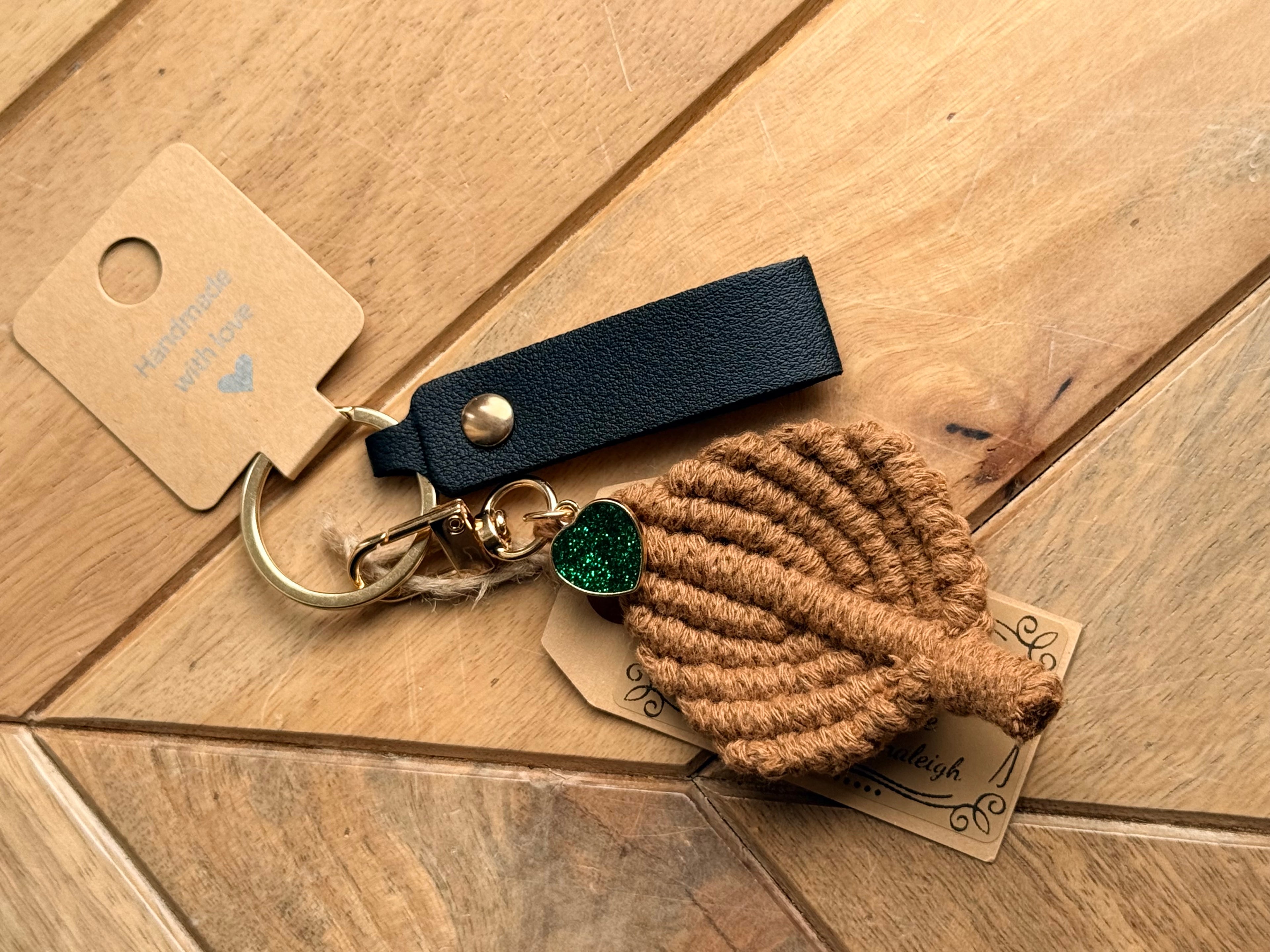 Handcrafted Macrame Leaf Keychain — Boho Bag Charm with Leather Strap
