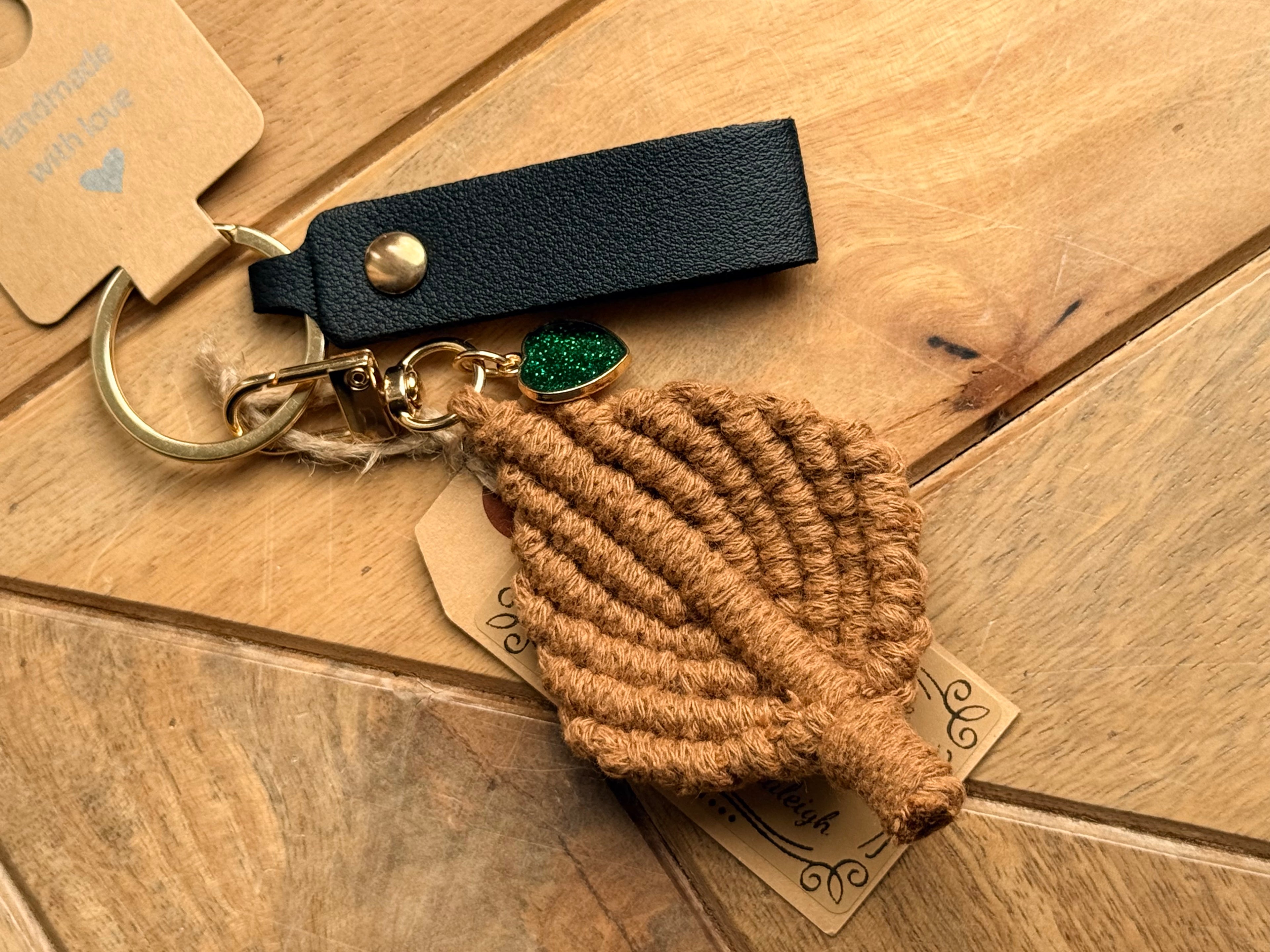 Handcrafted Macrame Leaf Keychain — Boho Bag Charm with Leather Strap