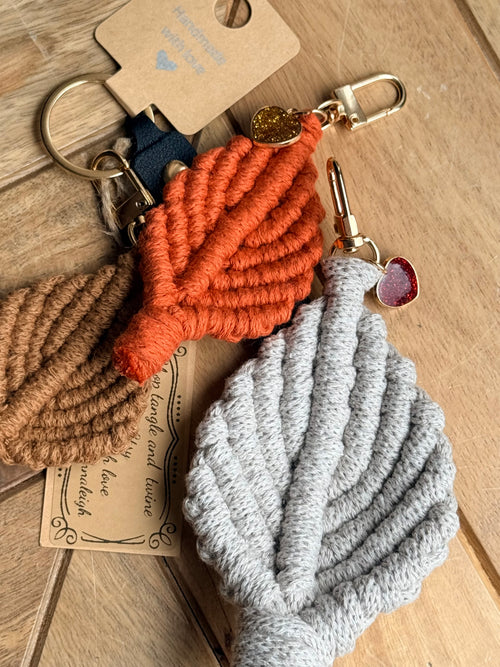 Handcrafted Macrame Leaf Keychain — Boho Bag Charm with Leather Strap