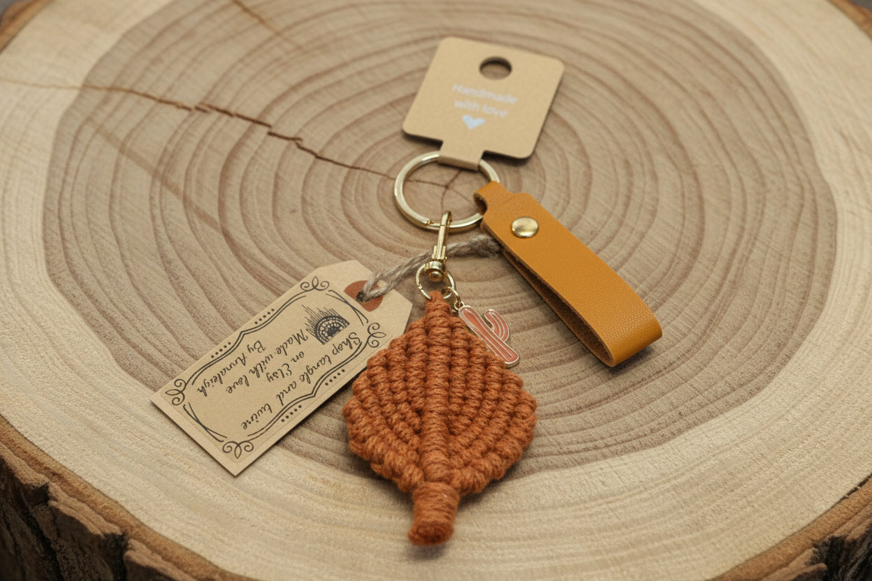 Handcrafted Macrame Leaf Keychain — Boho Bag Charm with Leather Strap