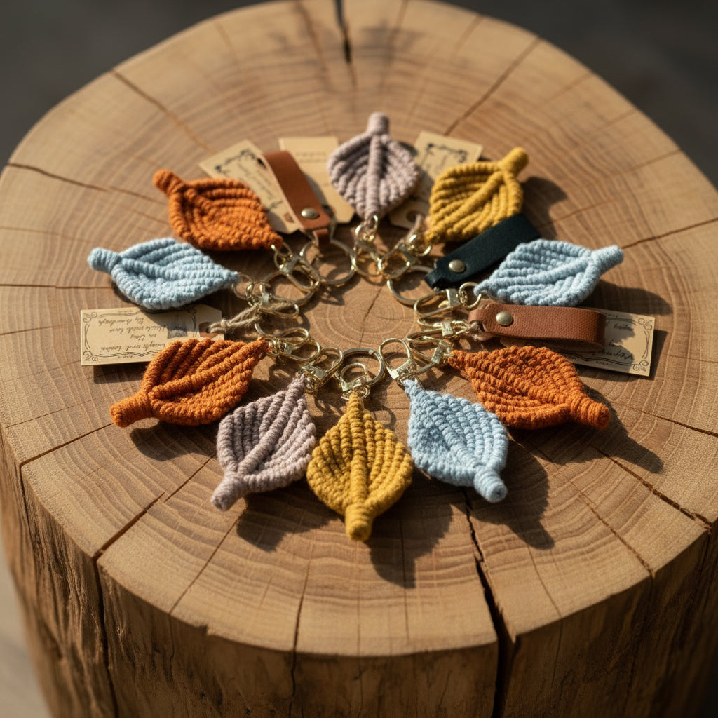 Handcrafted Macrame Leaf Keychain — Boho Bag Charm with Leather Strap