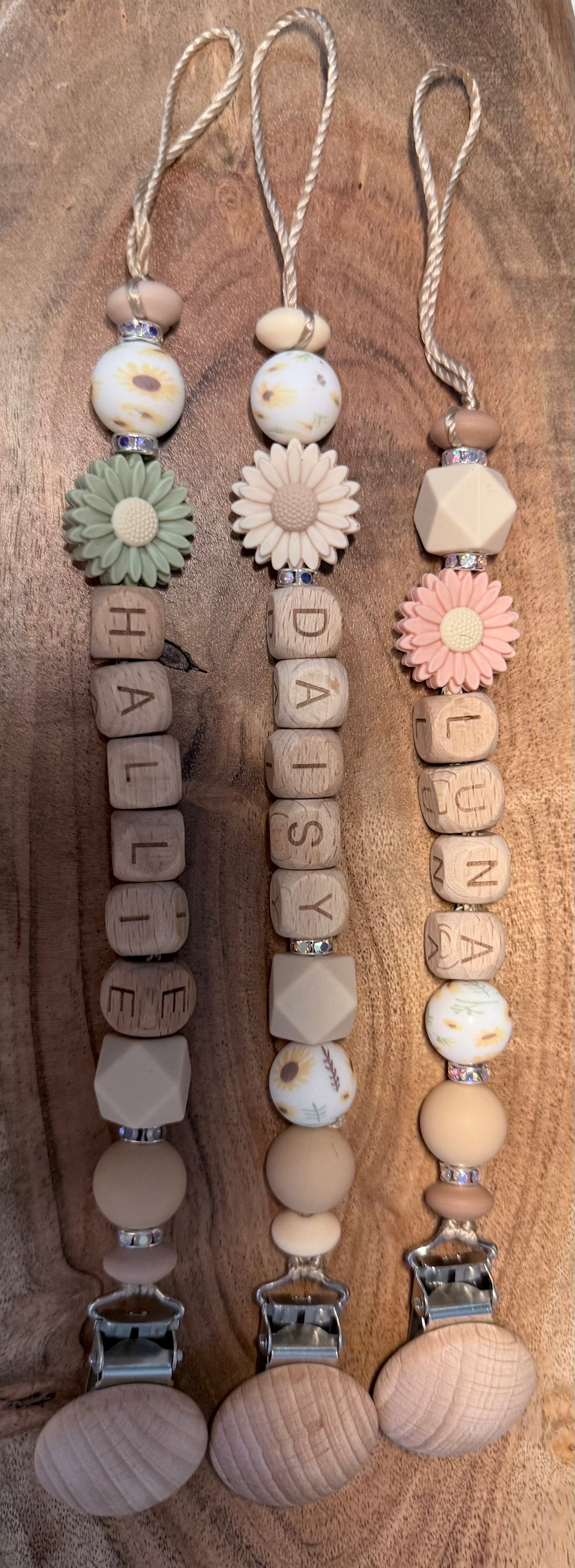 Personalised Daisy Dummy Clip | Wooden Letter Beads & Silicone Beads