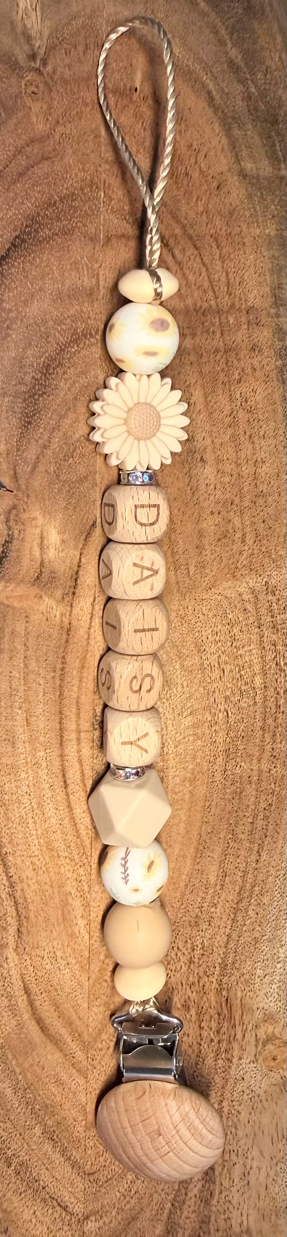 Personalised Daisy Dummy Clip | Wooden Letter Beads & Silicone Beads