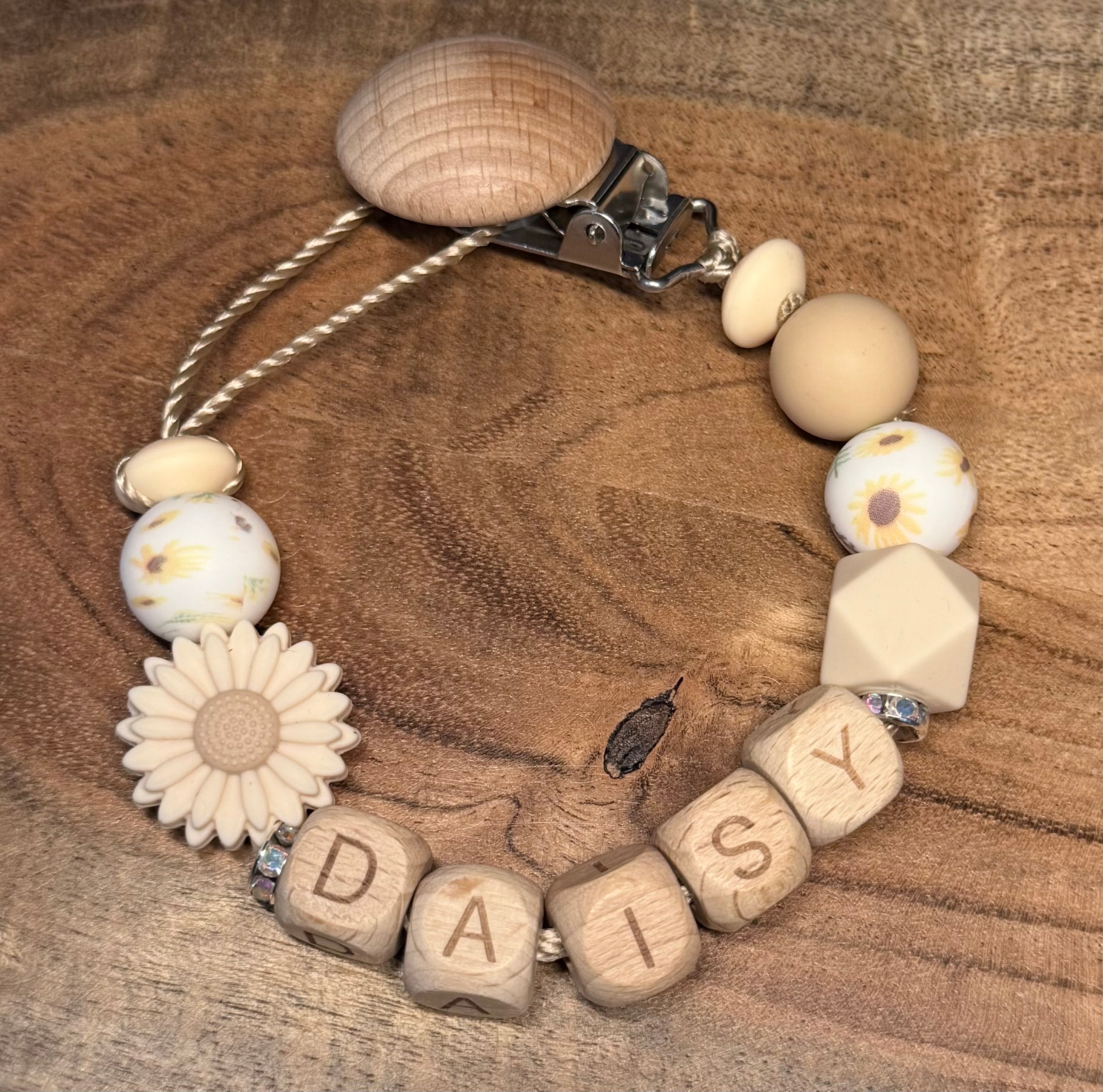 Personalised Daisy Dummy Clip | Wooden Letter Beads & Silicone Beads