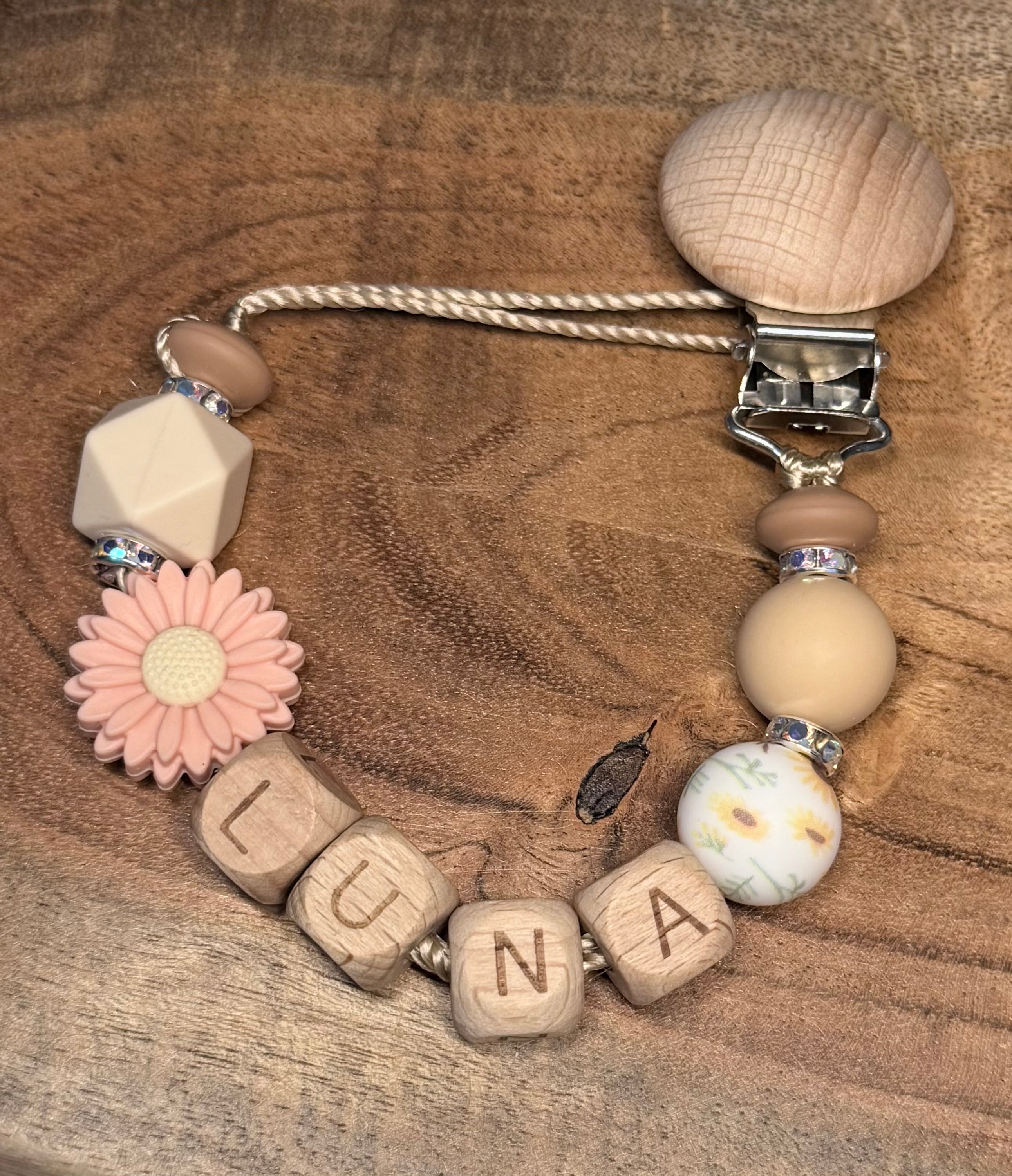 Personalised Daisy Dummy Clip | Wooden Letter Beads & Silicone Beads