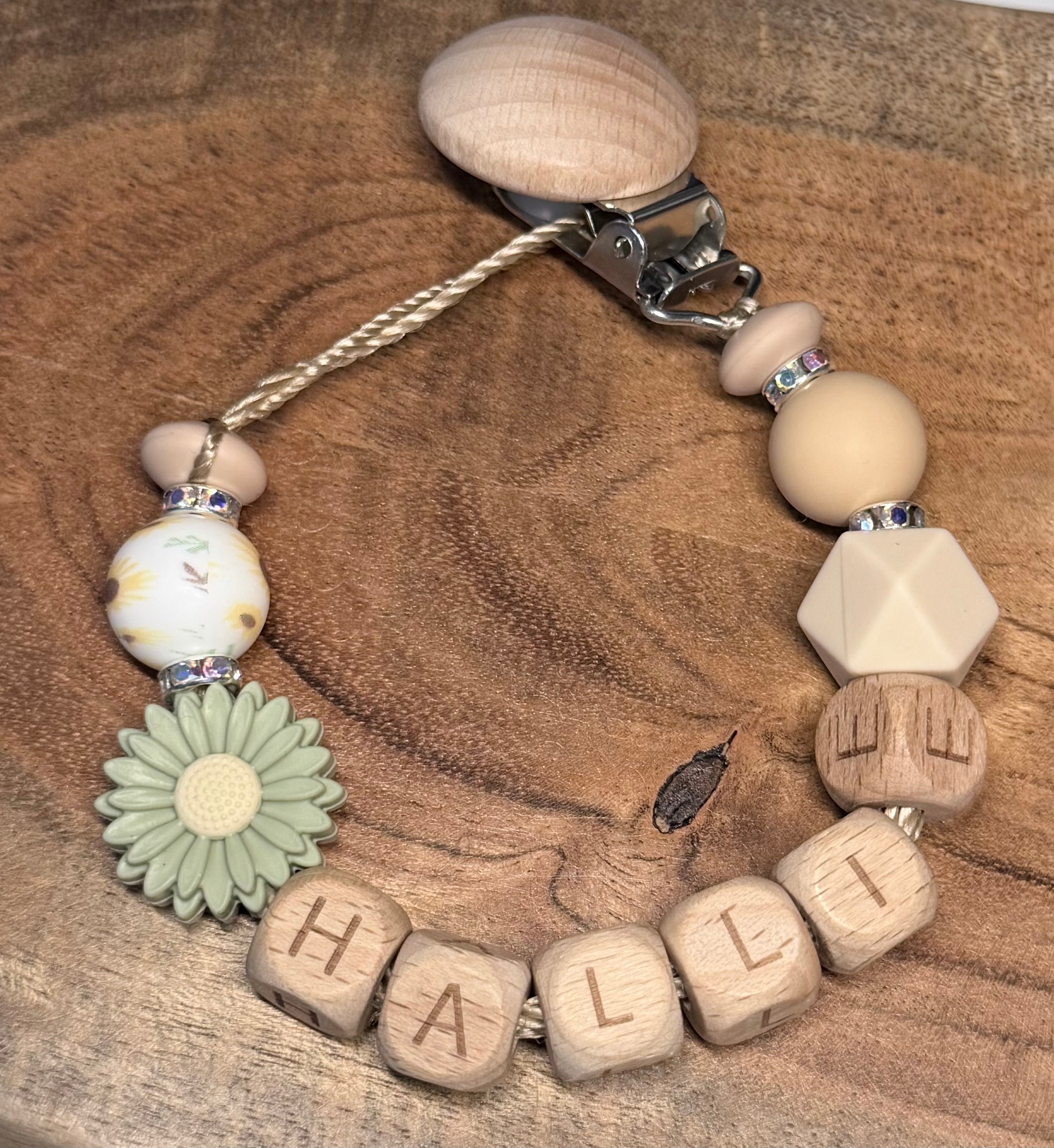 Personalised Daisy Dummy Clip | Wooden Letter Beads & Silicone Beads
