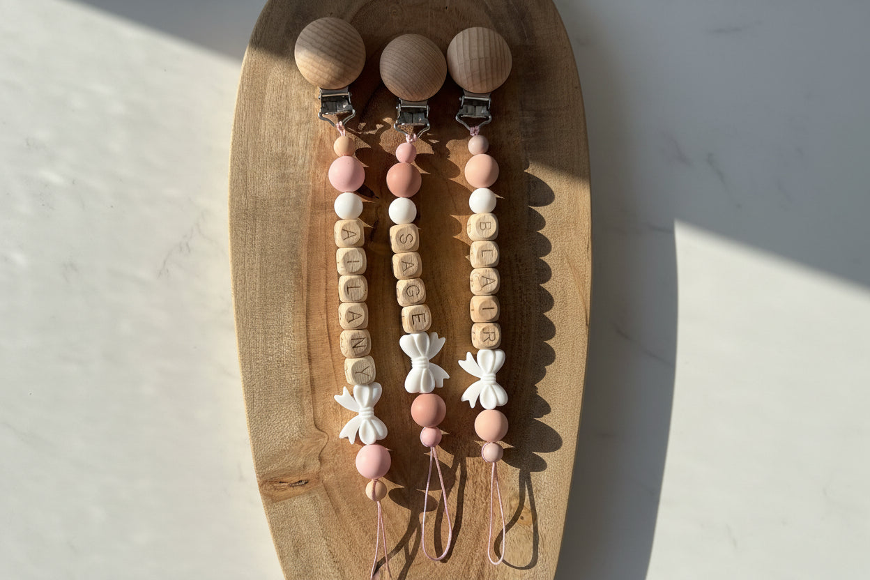 Personalised Bow Dummy Clip | Wooden & Silicone Beads