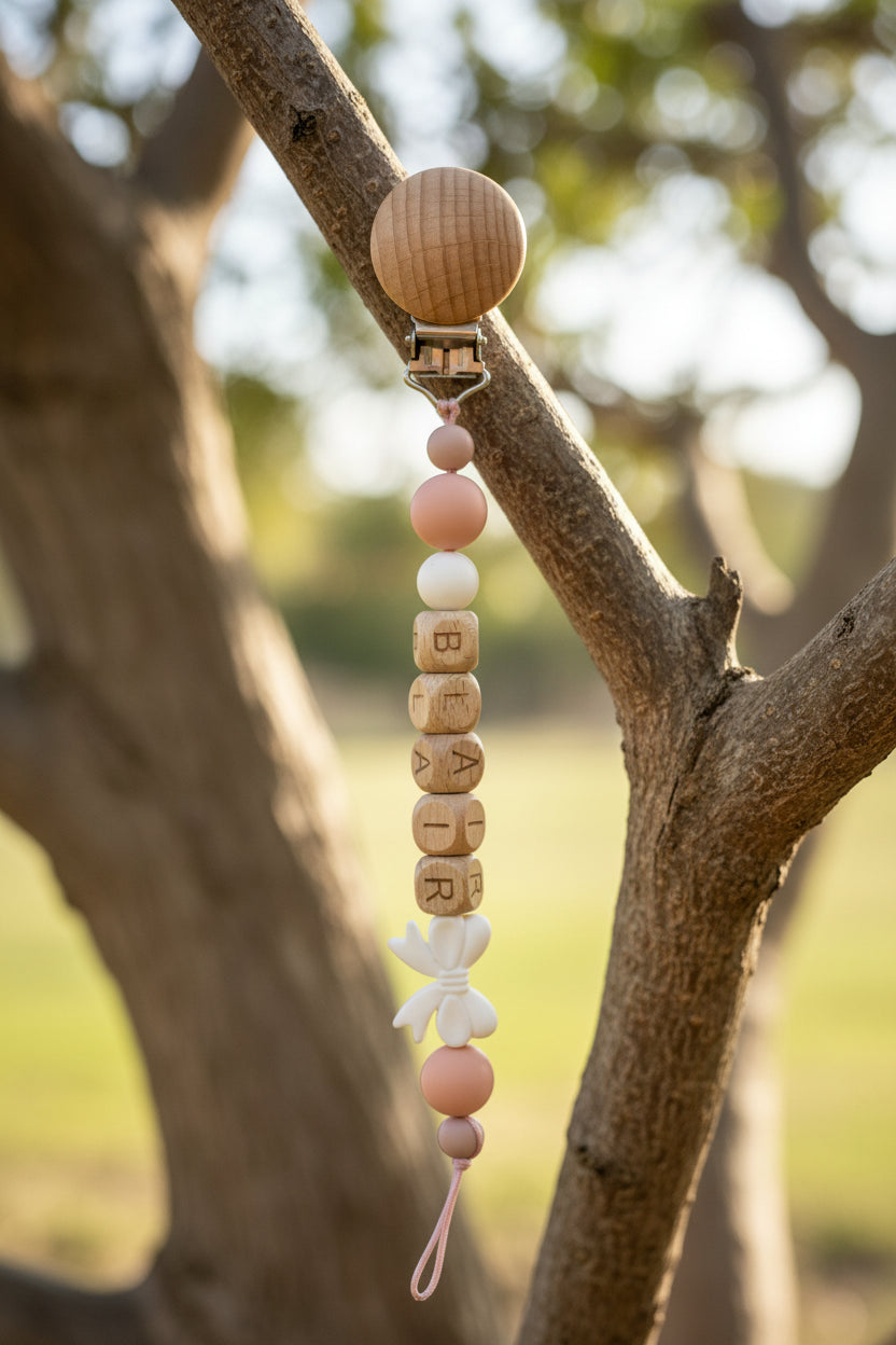 Personalised Bow Dummy Clip | Wooden & Silicone Beads