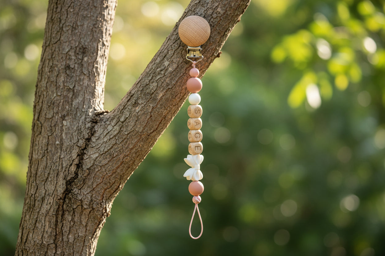 Personalised Bow Dummy Clip | Wooden & Silicone Beads