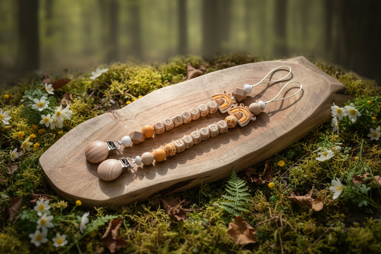 Personalised Giraffe Dummy Clip | Wooden & Silicone Beads
