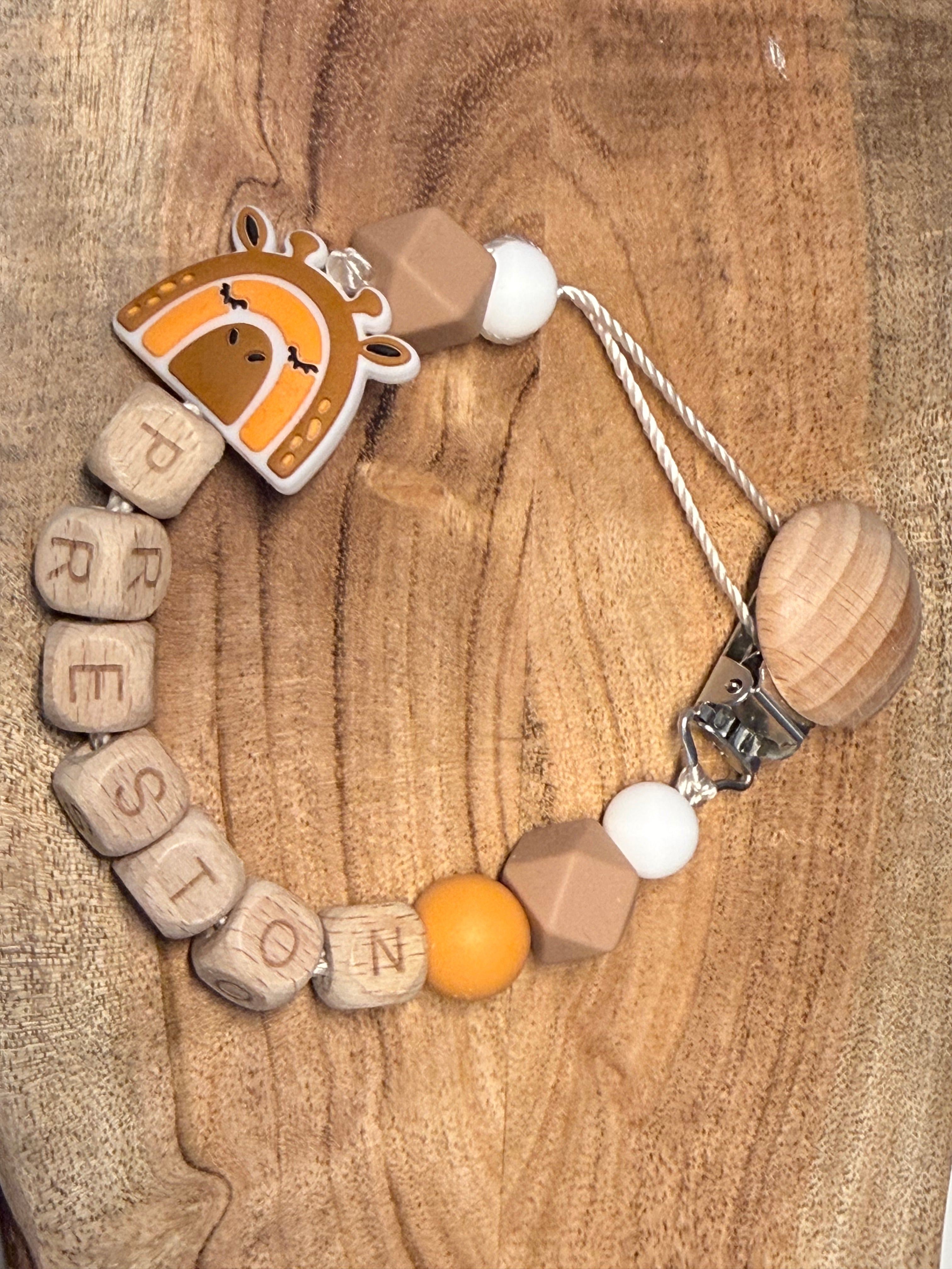 Personalised Giraffe Dummy Clip | Wooden & Silicone Beads