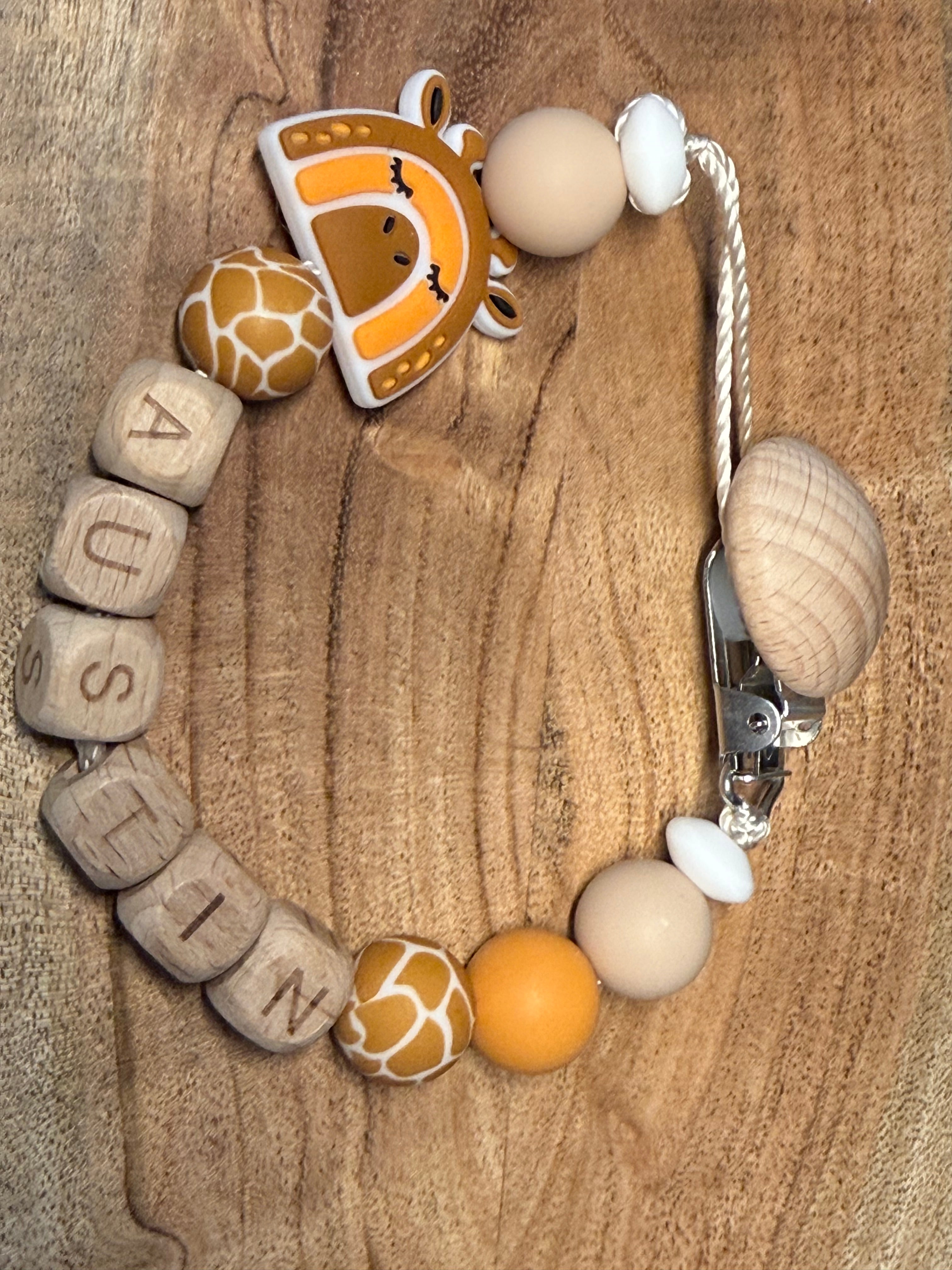 Personalised Giraffe Dummy Clip | Wooden & Silicone Beads