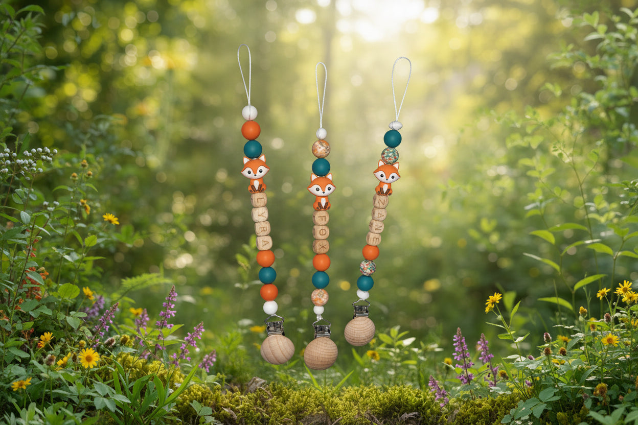 Personalised Fox Dummy Clip with Wooden & Silicone Beads
