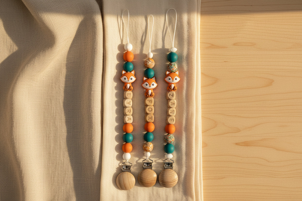 Personalised Fox Dummy Clip with Wooden & Silicone Beads