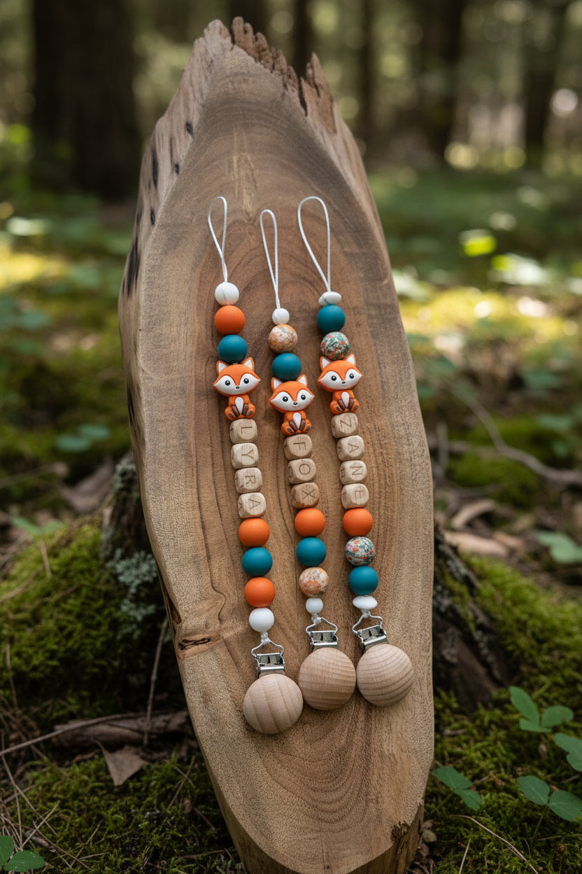 Personalised Fox Dummy Clip with Wooden & Silicone Beads