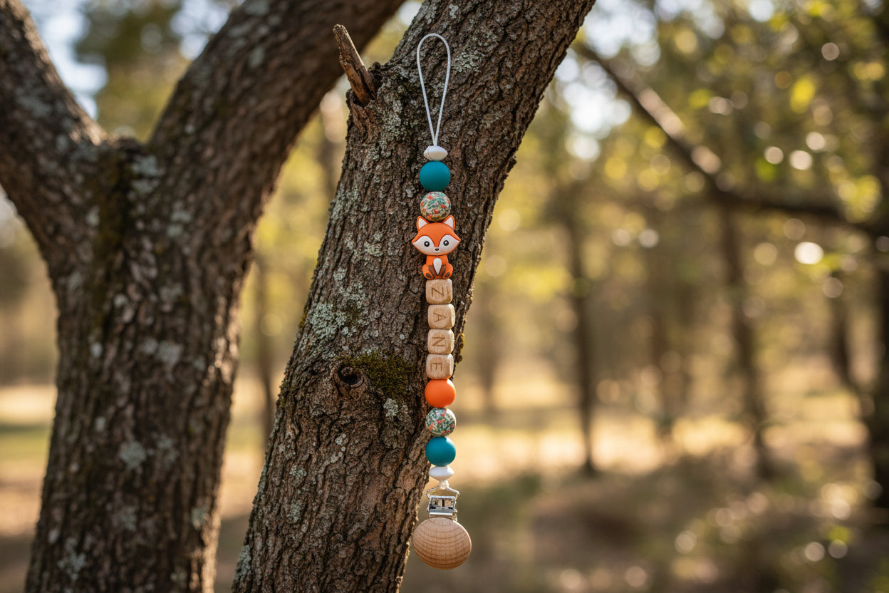 Personalised Fox Dummy Clip with Wooden & Silicone Beads