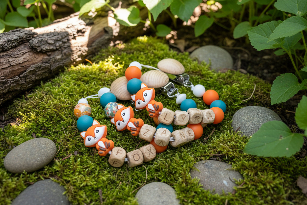 Personalised Fox Dummy Clip with Wooden & Silicone Beads