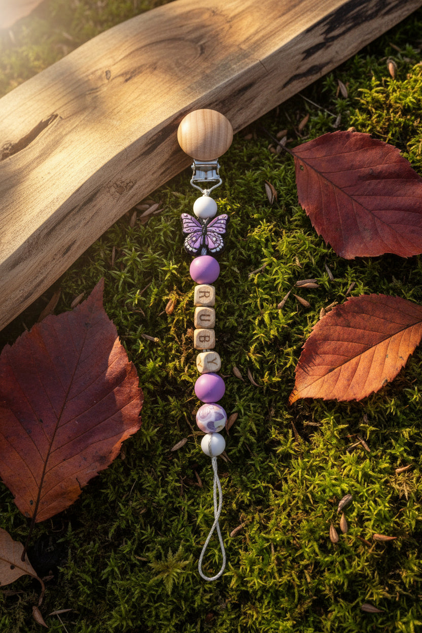 Personalised Butterfly Dummy Clip with Wooden & Silicone Beads