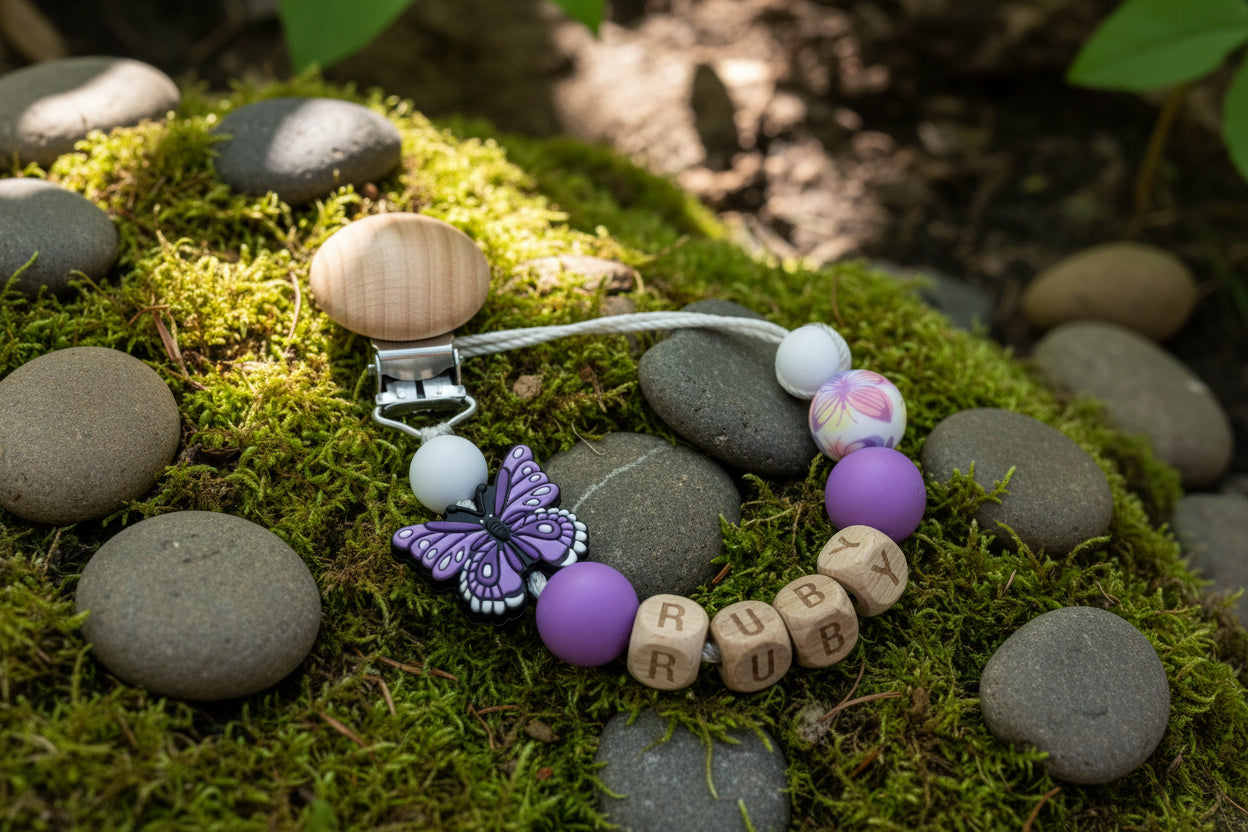 Personalised Butterfly Dummy Clip with Wooden & Silicone Beads