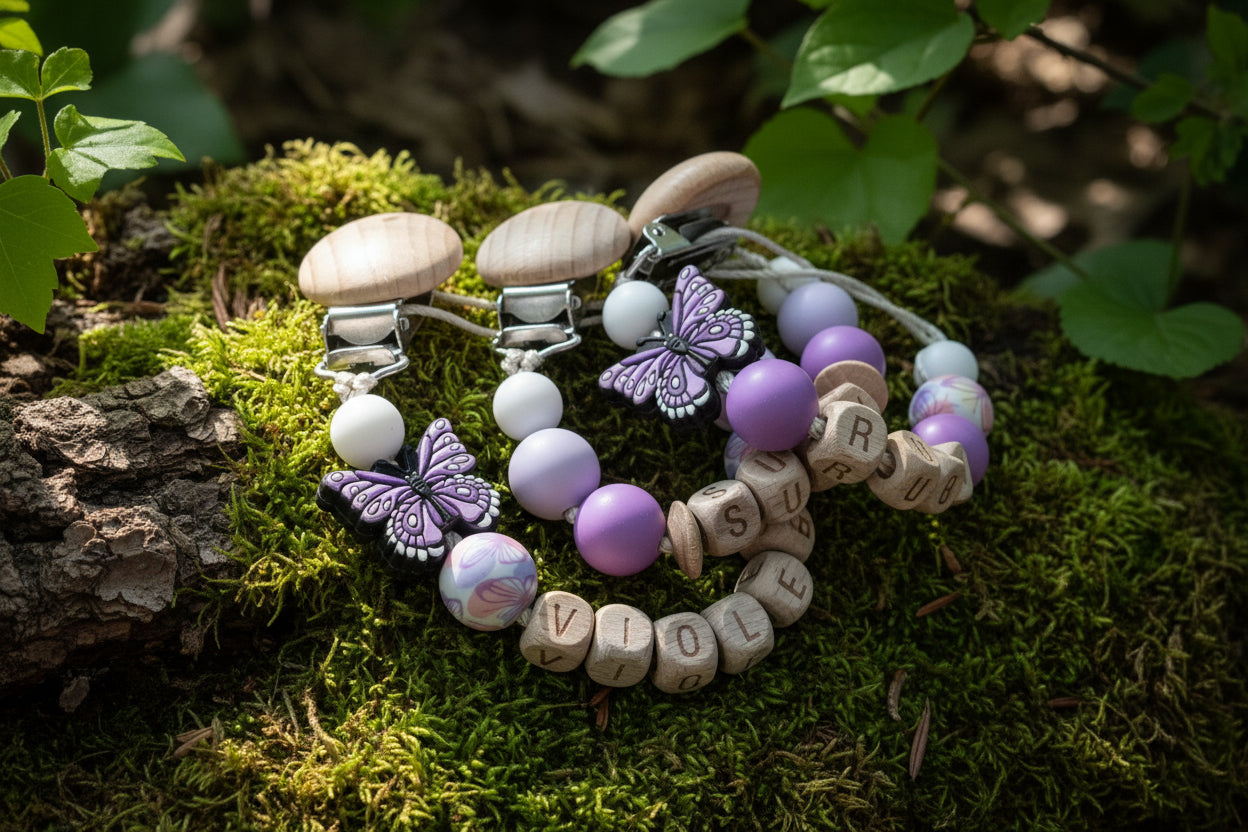 Personalised Butterfly Dummy Clip with Wooden & Silicone Beads