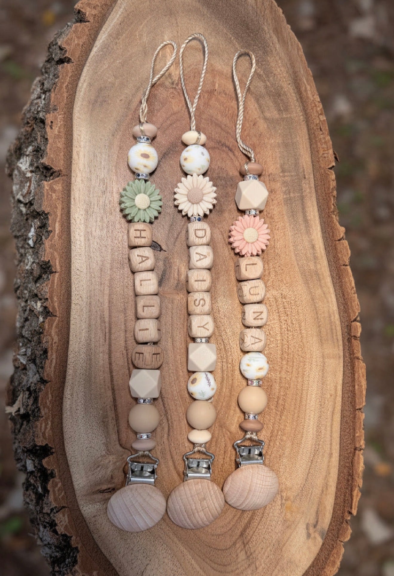 Personalised Daisy Dummy Clip | Wooden Letter Beads & Silicone Beads