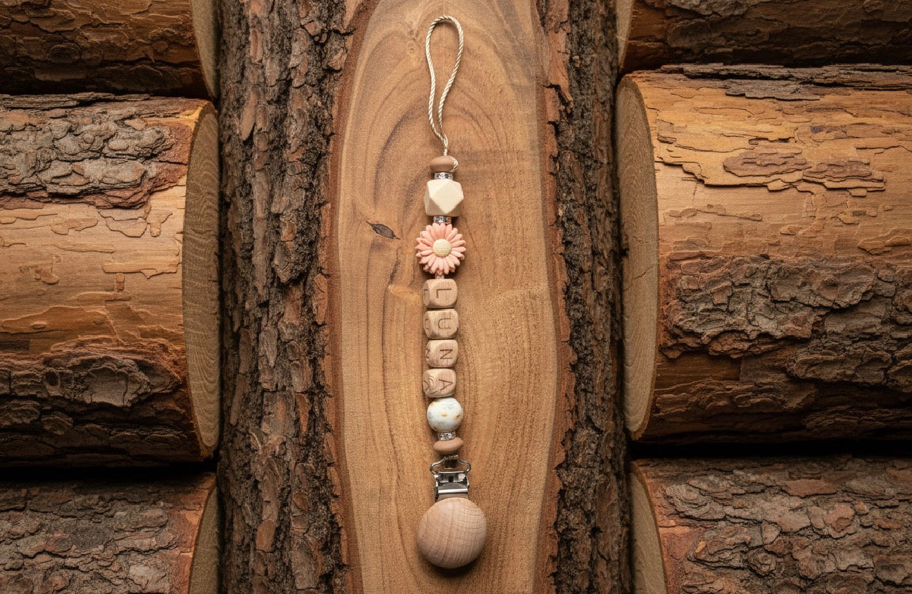 Personalised Daisy Dummy Clip | Wooden Letter Beads & Silicone Beads