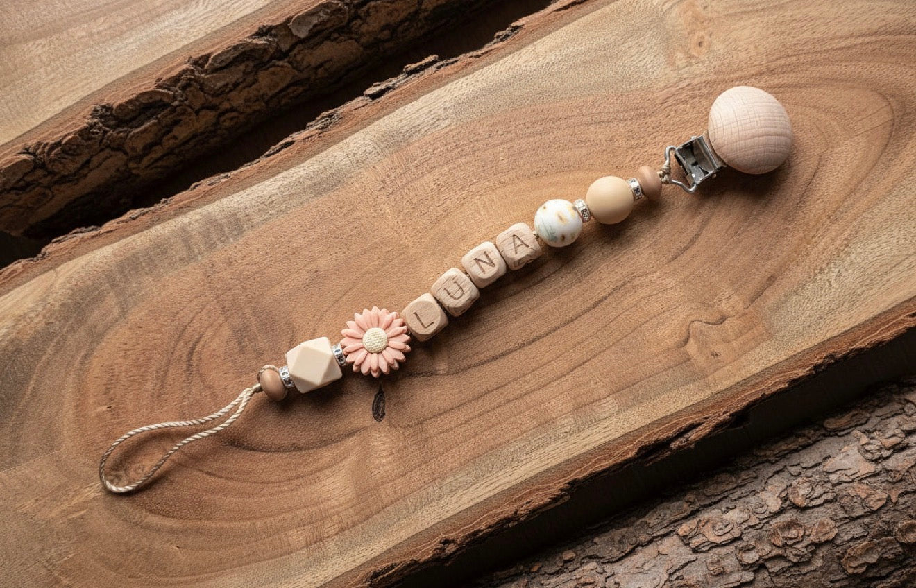 Personalised Daisy Dummy Clip | Wooden Letter Beads & Silicone Beads