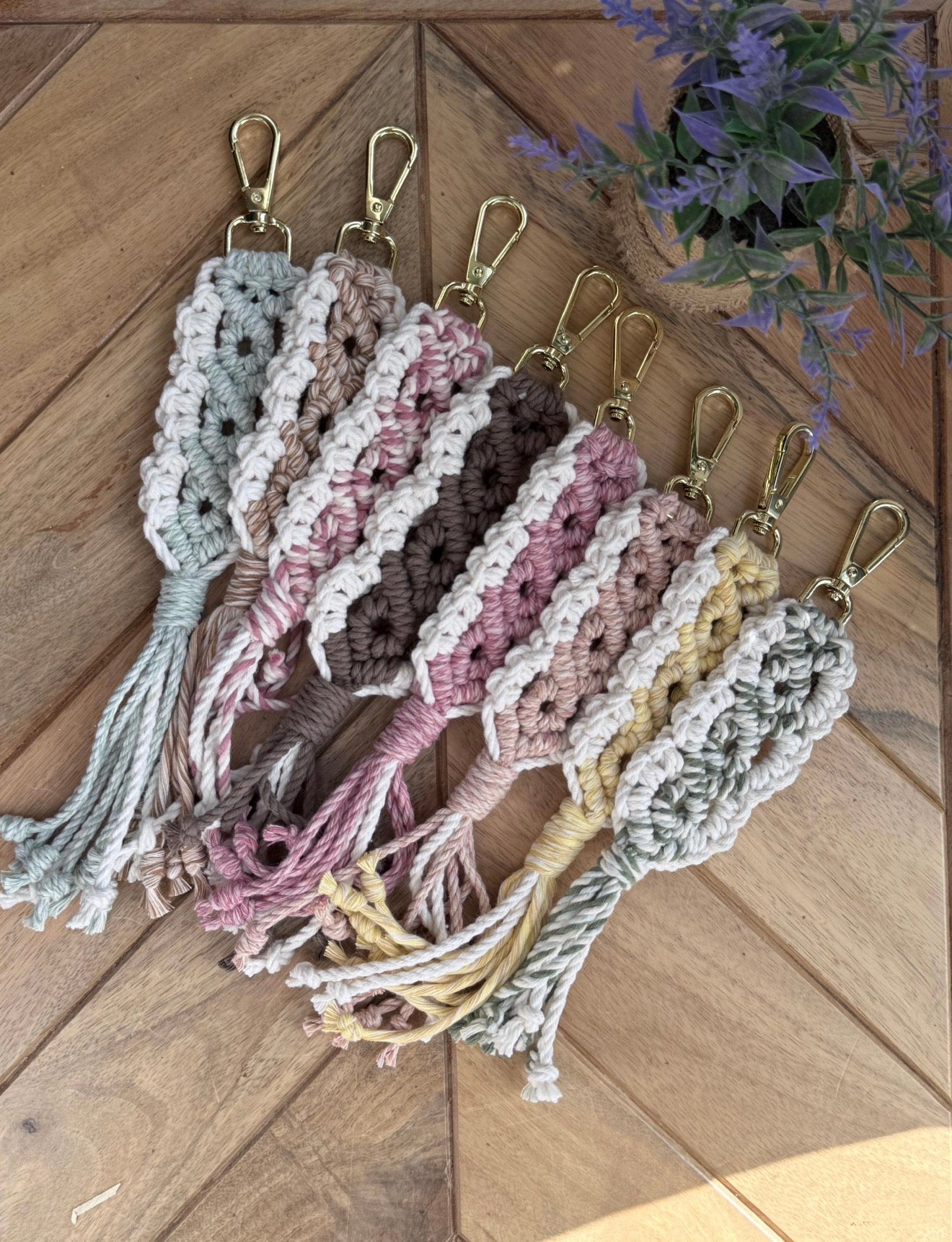 Pastel Macrame Keychain — Diamond Pattern Boho Bag Charm