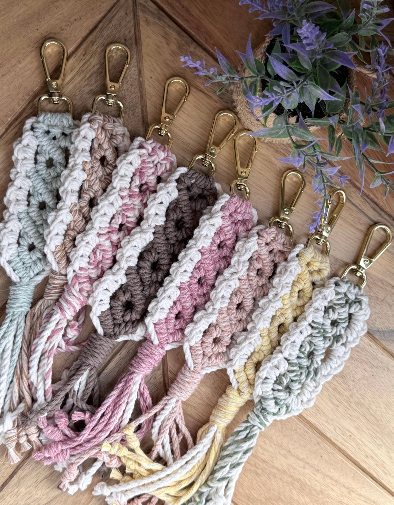 Pastel Macrame Keychain — Diamond Pattern Boho Bag Charm