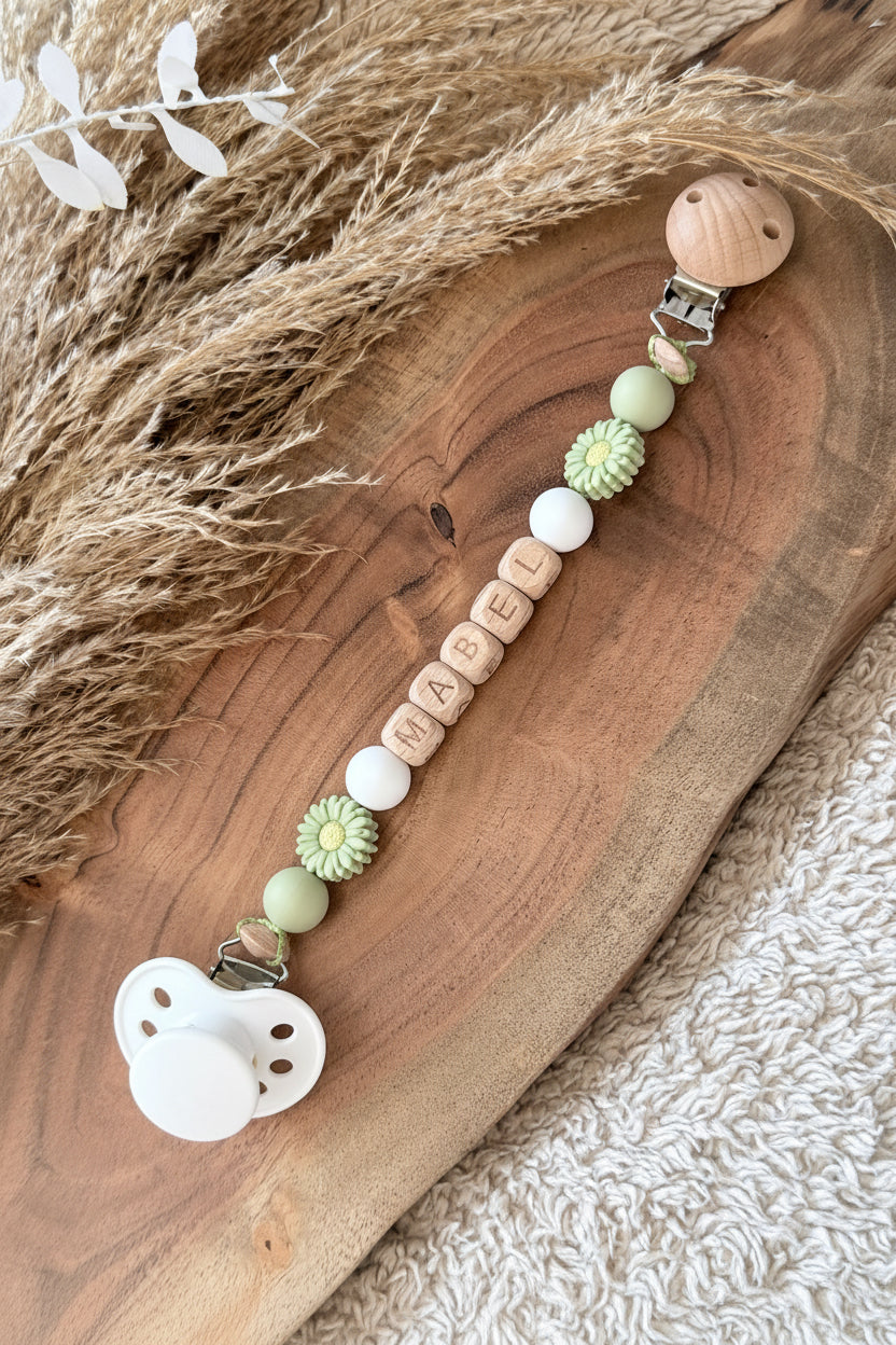 Personalised Dummy Clip – Sage Green Daisy