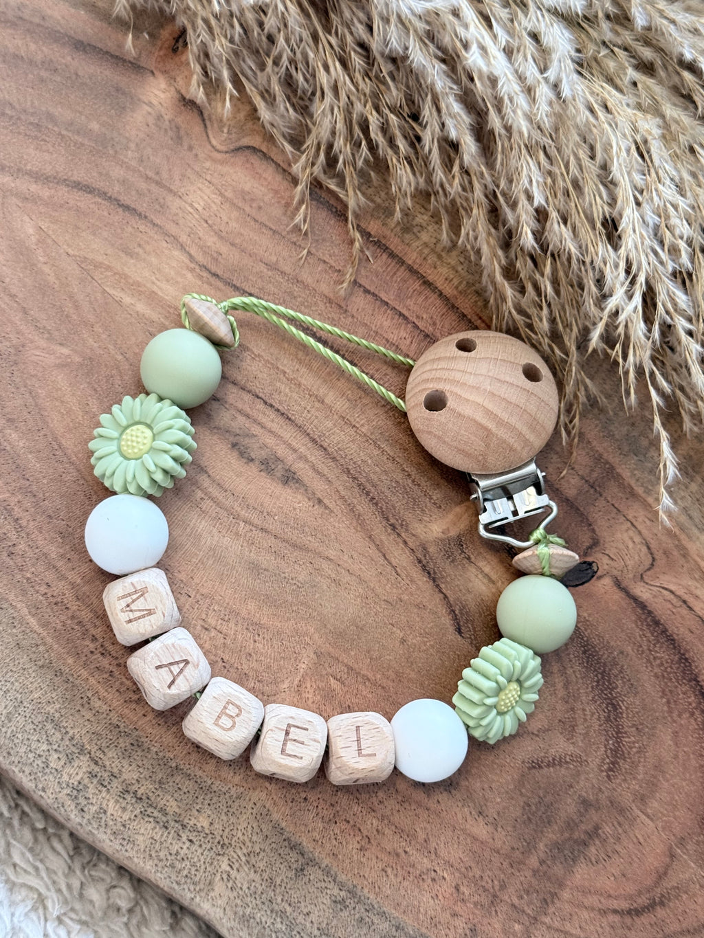 Personalised Dummy Clip – Sage Green Daisy