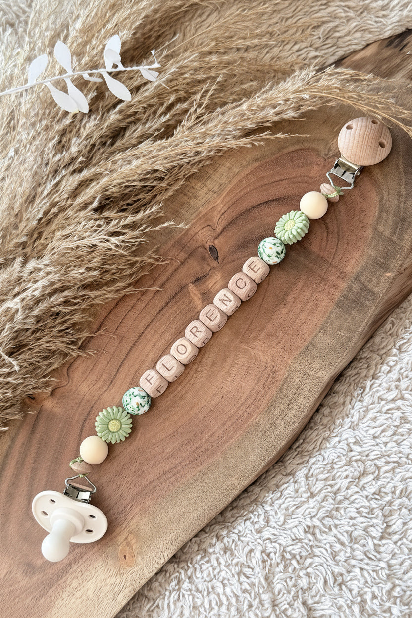 Personalised Dummy Clip – Sage Green Daisy