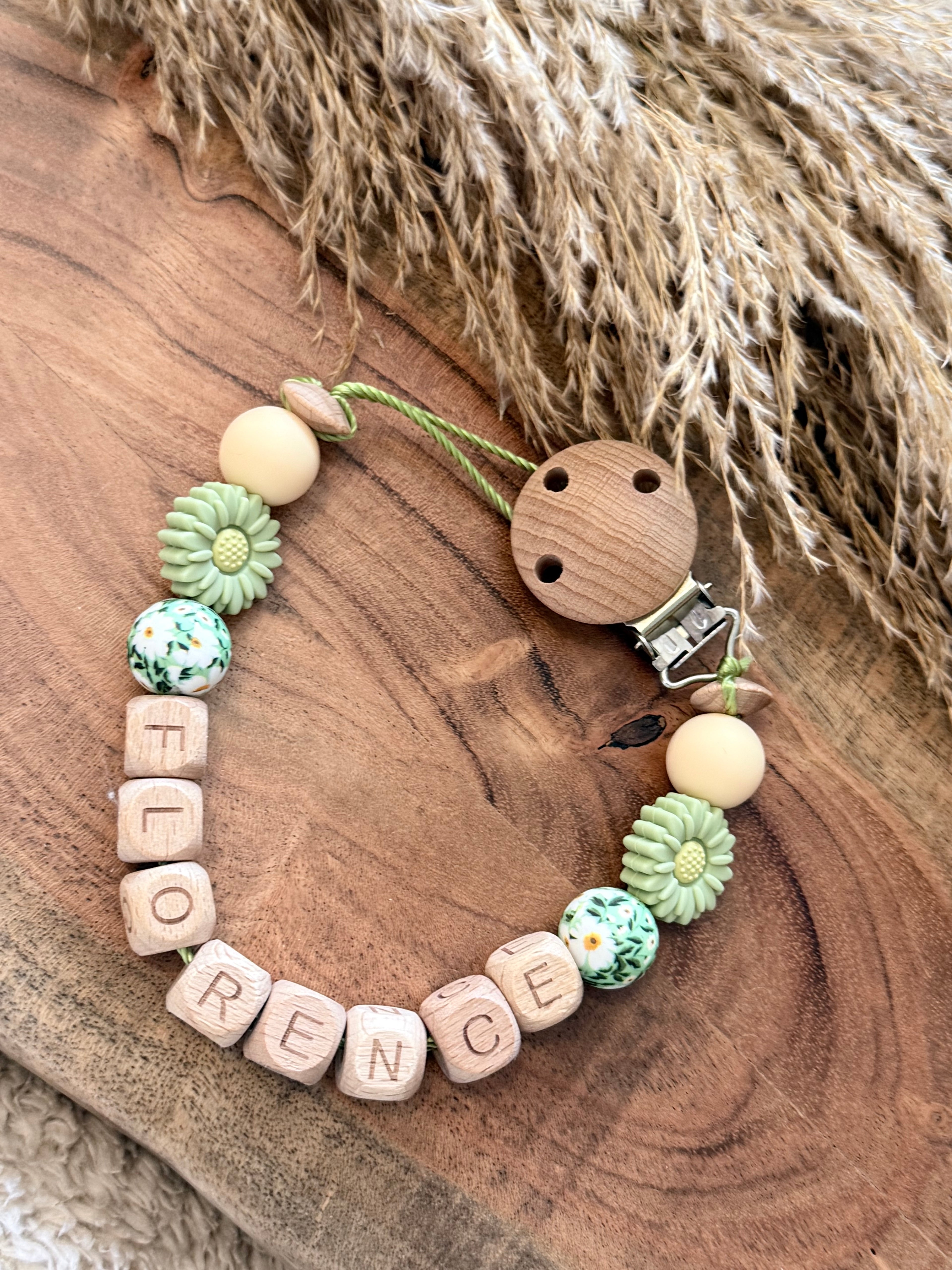 Personalised Dummy Clip – Sage Green Daisy